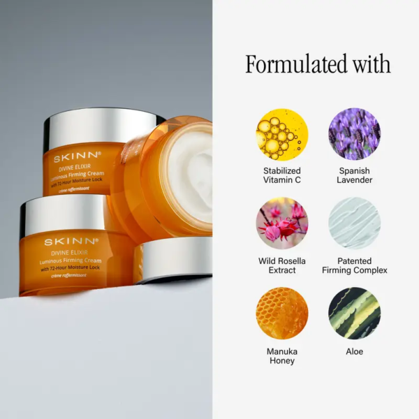 skinn cosmetics divine elixir luminous facial firming cream with 72 hour moisture lock hydrating niacinamide manuka honey skincare lavender glow rejuvenating smooth radiance nourishing hydrate daily moisturize