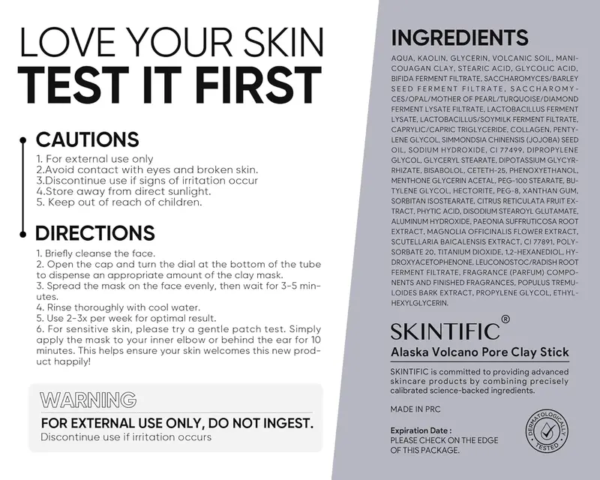 SKINTIFIC Alaska Volcano Pore Clay Stick Cleansing Blackhead Remover Face Mask Stick with Natural Clay Gentle Exfoliating Smoothing Skin Non-Drying Skincare